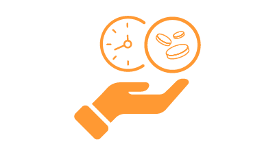 Orange ikon med en hand som håller en klocka och tre mynt