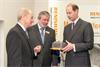HRH The Earl of Wessex discusses 3D printed gift with Renishaw co-founders Sir David McMurtry(l) and John Deer